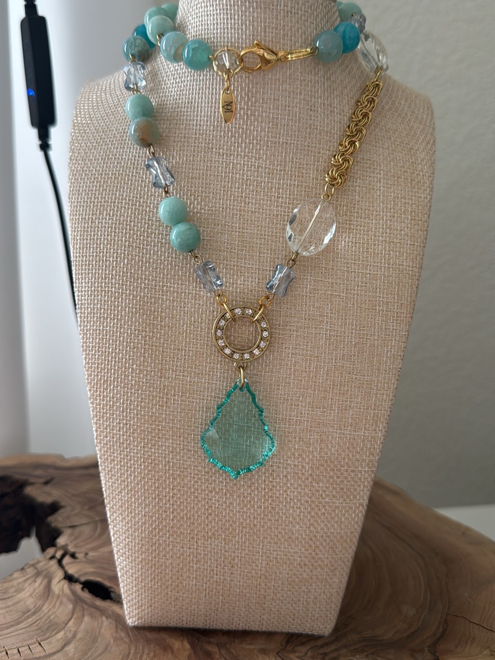 Gold & Aqua Beaded Pendant Necklace - Turquoise signed Swarovski pendant Accent